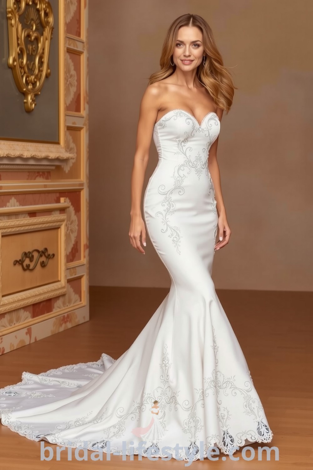 Fit and flare wedding dress with intricate beaded lace, sweetheart neckline, and scalloped hem, showcasing a soft sheen that glistens in light. bridal-lifestyle.com