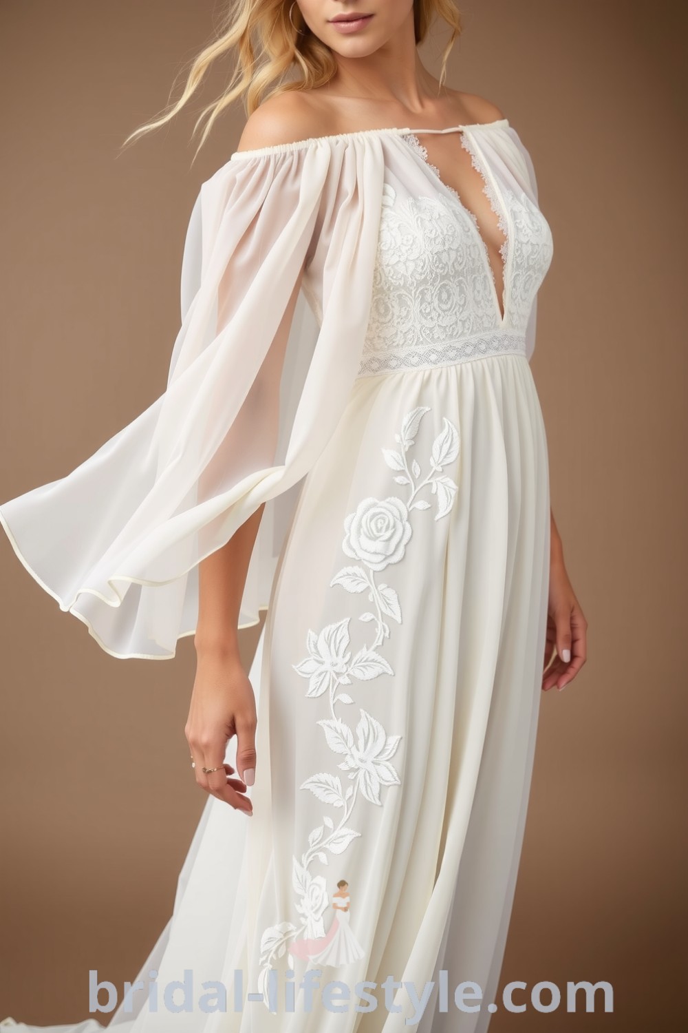 A dreamy boho beach wedding dress featuring flowing chiffon, delicate lace, an off-the-shoulder neckline, and intricate floral embroidery, perfect for the special day. bridal-lifestyle.com
