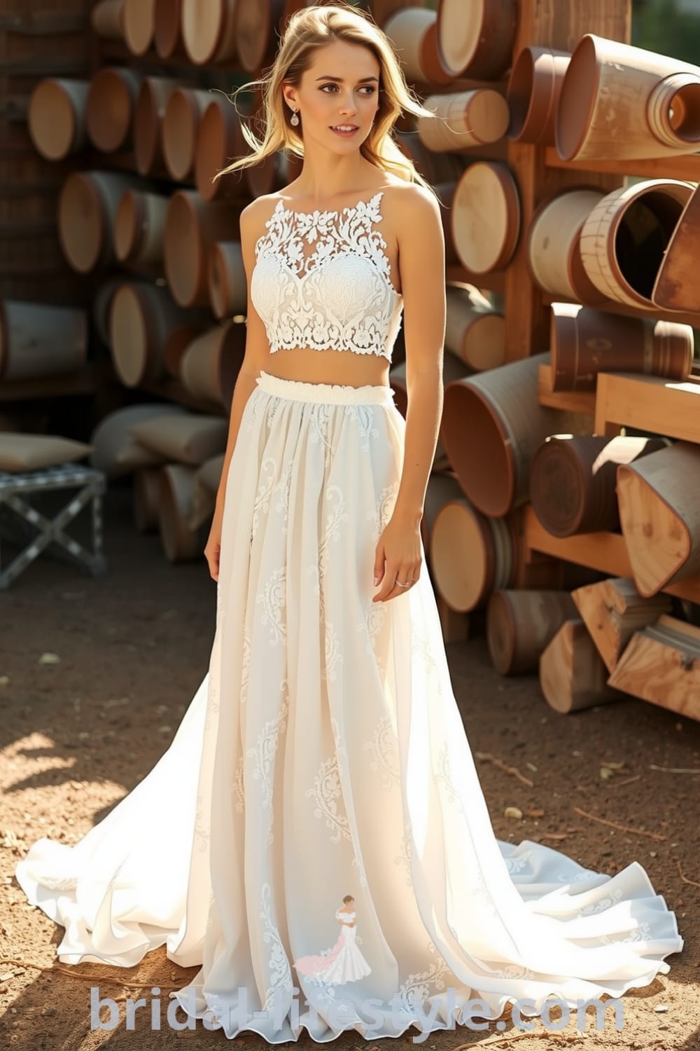 A stunning boho two-piece dress featuring a strapless crop top with lace floral patterns and a flowing chiffon maxi skirt, ideal for outdoor weddings. bridal-lifestyle.com