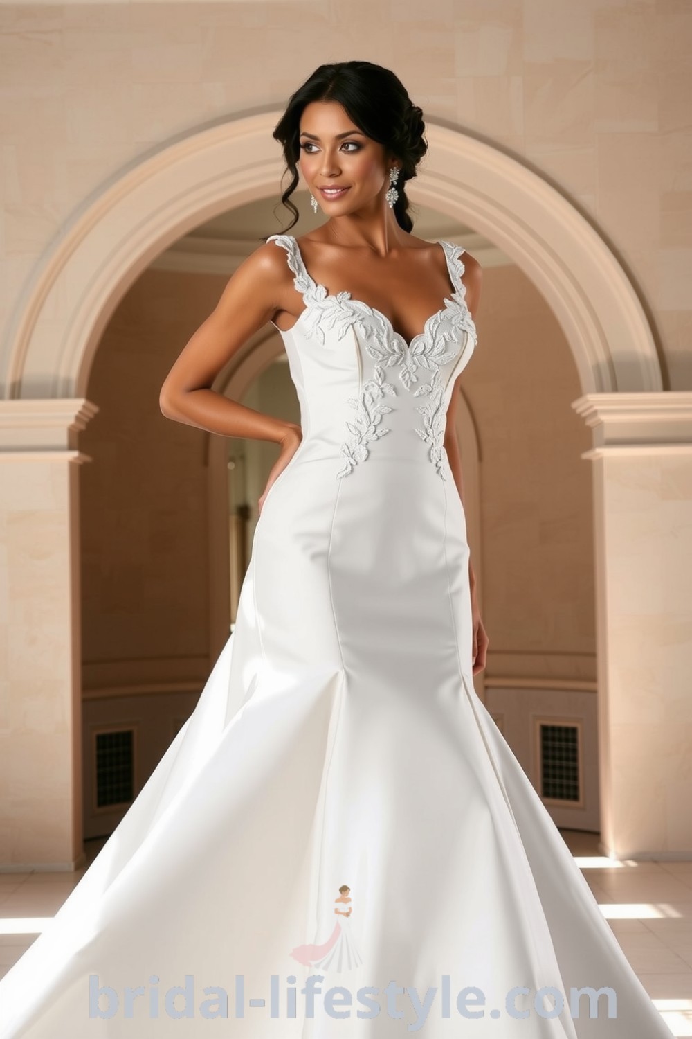 Elegant fit and flare wedding dress with square neckline, intricate lace appliqués, and luxurious satin fabric, designed for the romantic bride. bridal-lifestyle.com