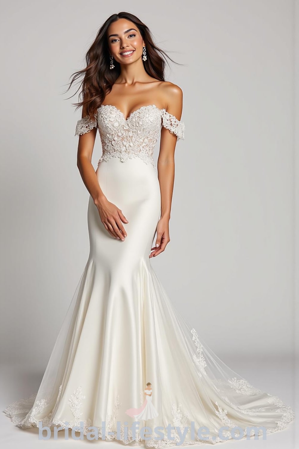 Mermaid wedding dress with satin fabric, intricate lace appliqués, off-shoulder neckline, and a detachable train, designed for a stunning and elegant bridal look. bridal-lifestyle.com