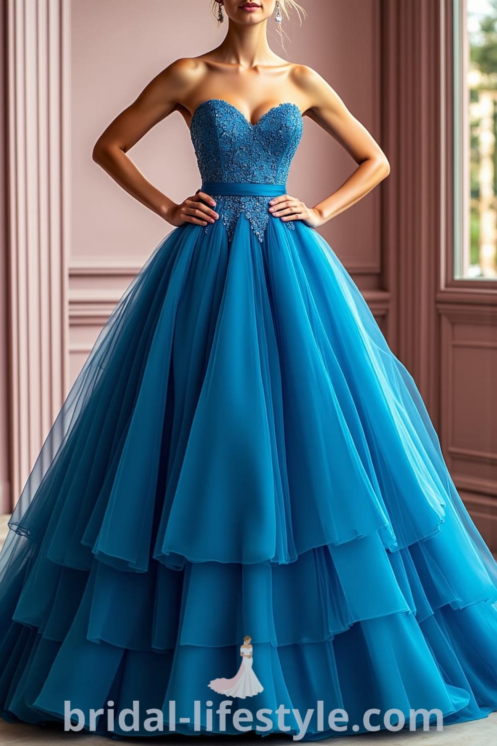 Stunning blue princess-style wedding dress with fitted bodice, intricate lace detailing, and voluminous tulle skirt cascading to the floor, featuring a delicate silk sash at the waist. bridal-lifestyle.com