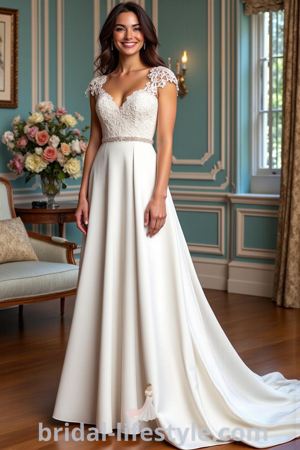 A-line wedding dress featuring lace cap sleeves, a flowing satin skirt, modest sweetheart neckline, and delicate embroidery on the bodice. bridal-lifestyle.com