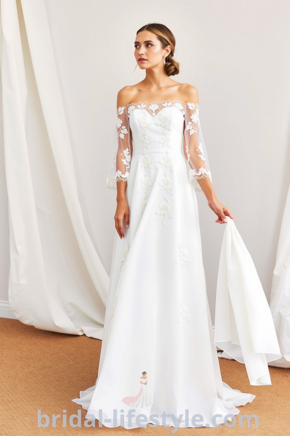 Boho wedding dress with A-line silhouette, ethereal lace, soft chiffon, off-the-shoulder sleeves, and floral appliqués designed for dreamy brides. bridal-lifestyle.com