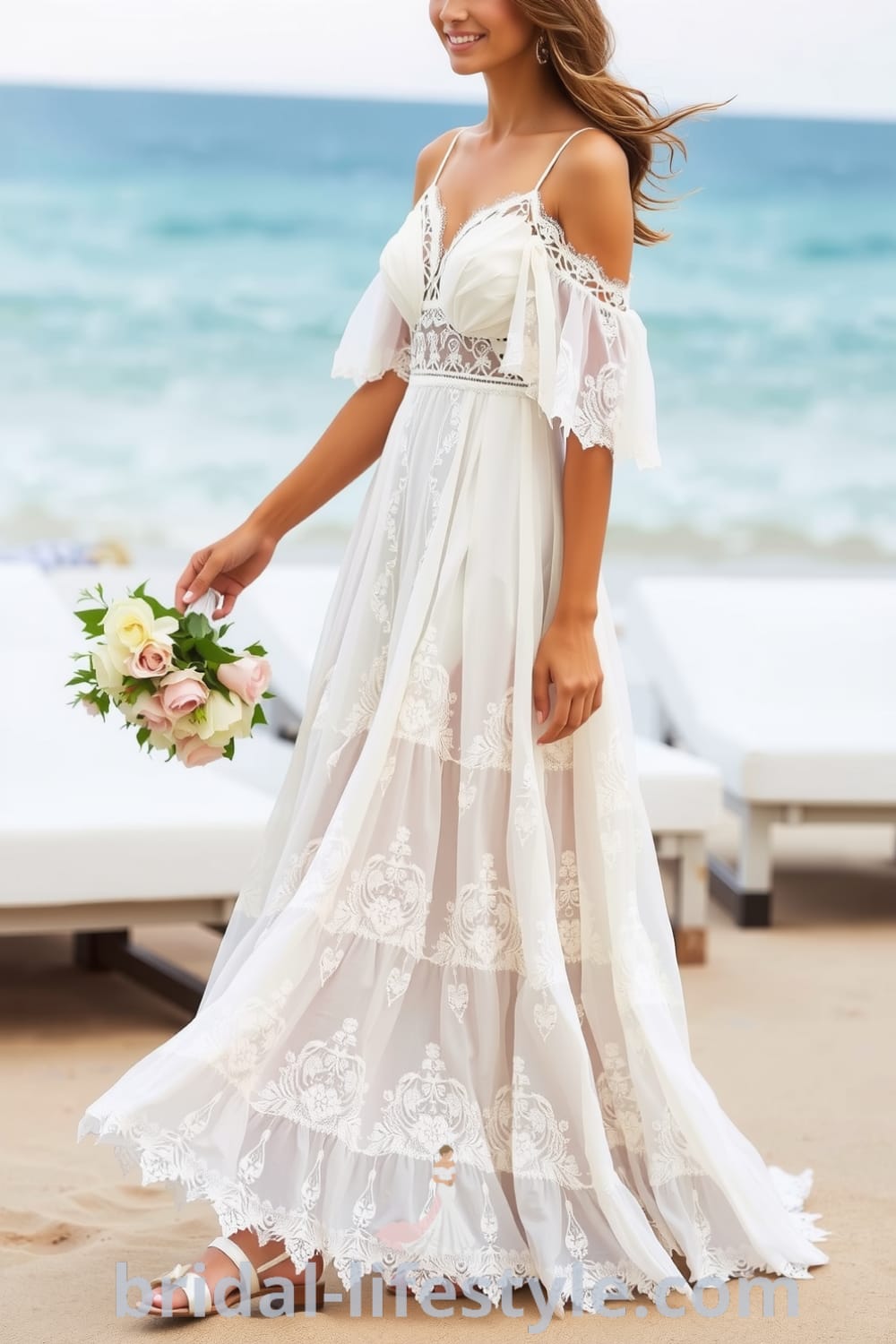 A boho beach wedding dress featuring soft flowing lace, an A-line silhouette, off-the-shoulder sleeves, sheer panels, and floral embroidery, designed for a seaside ceremony. bridal-lifestyle.com