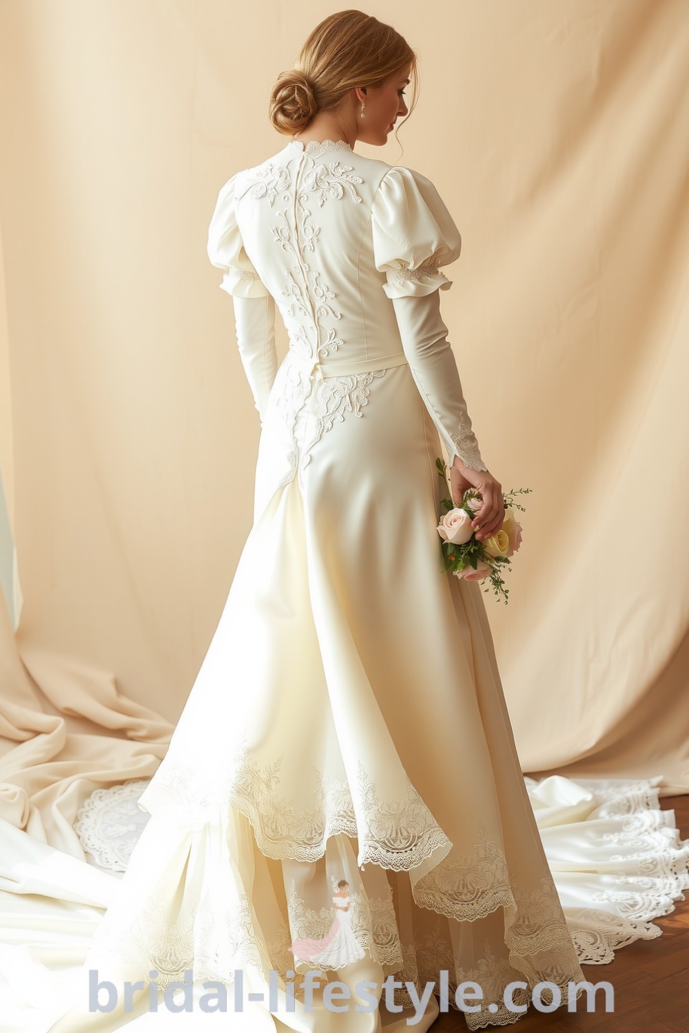 Vintage Victorian wedding dress featuring layers of ivory lace and satin, long puffed sleeves, a high neckline with floral embroidery, and cascading ruffles. bridal-lifestyle.com