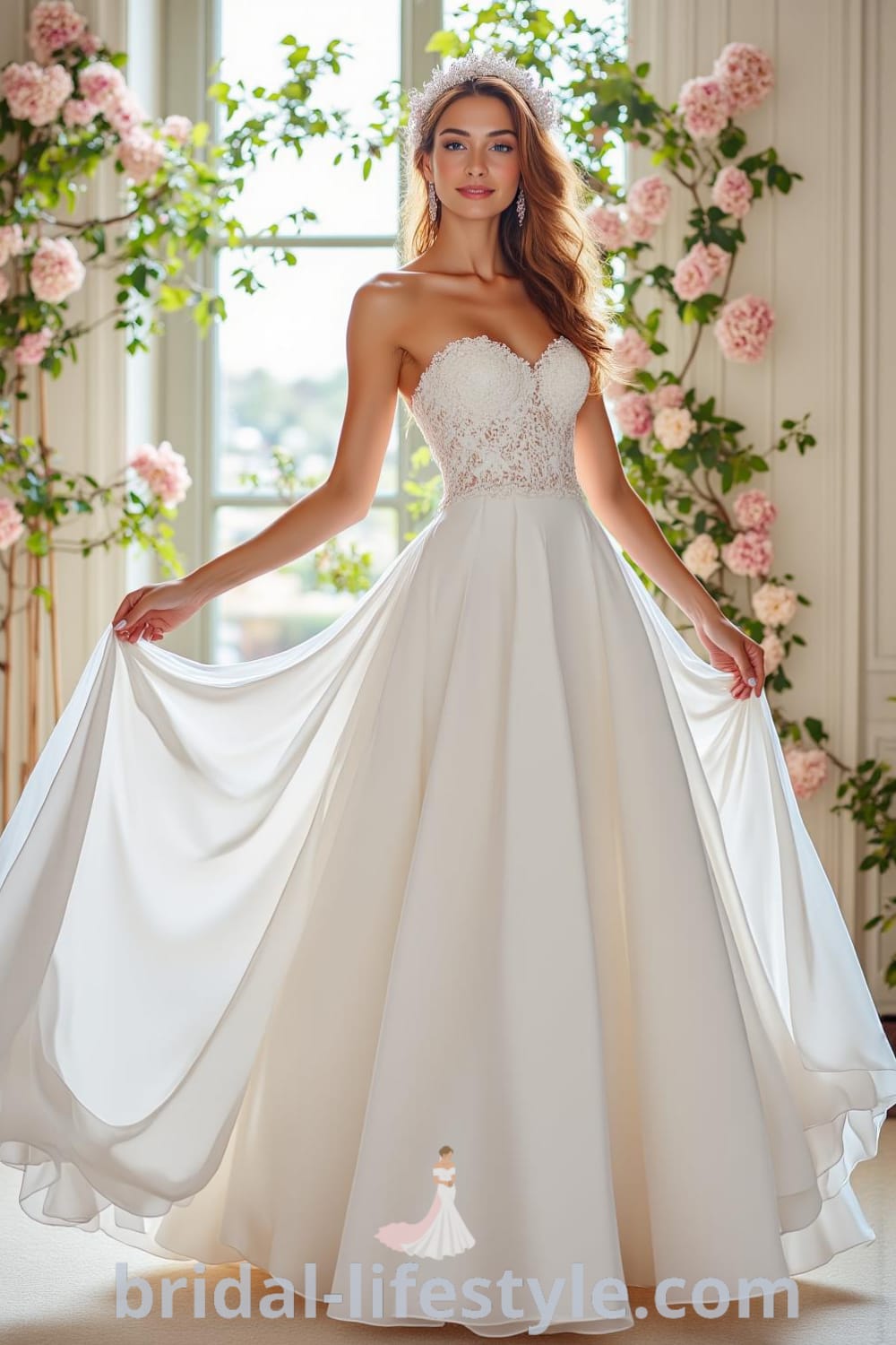 A romantic A-line strapless wedding dress with a draping satin skirt, lace detailing on the bodice, and a flowing train. bridal-lifestyle.com