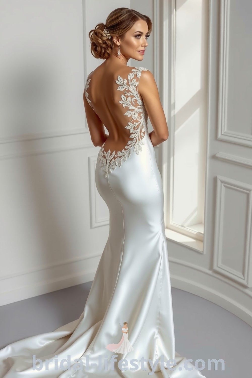 Elegant mermaid wedding dress with luxurious satin, lace appliqués, and an open back design, perfect for dreamy brides. bridal-lifestyle.com