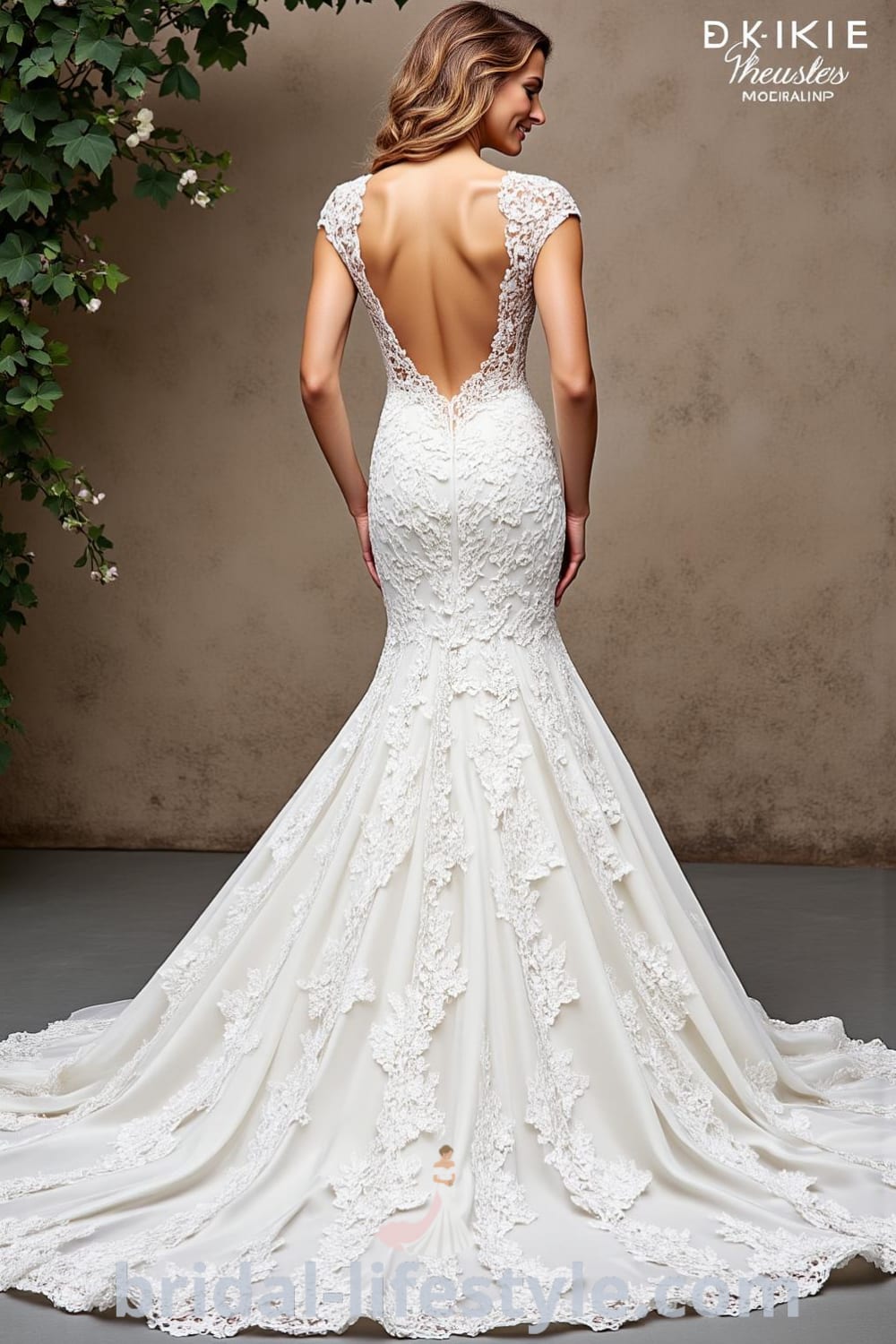 Mermaid wedding dress featuring intricate lace overlay, dramatic train, open back, and delicate cap sleeves, complemented by soft satin lining. bridal-lifestyle.com