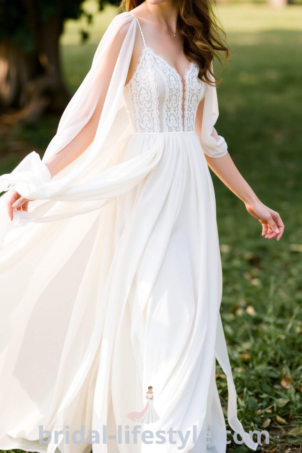 Ethereal boho wedding dress with soft chiffon layers, delicate lace bodice, and flowing sleeves, ideal for whimsical outdoor celebrations, showcasing trends for dreamy brides. bridal-lifestyle.com