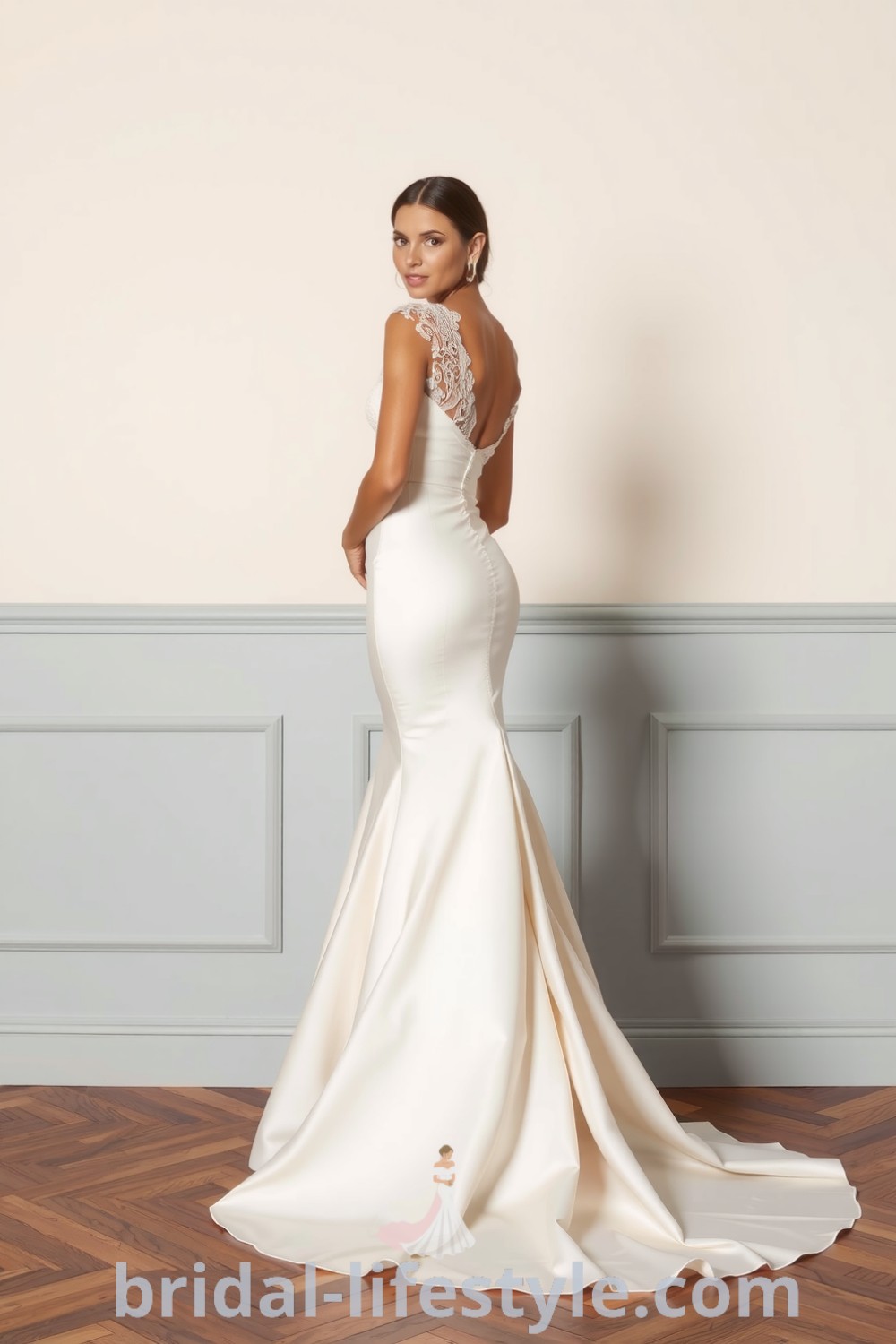 A stunning fit and flare wedding dress with a daring slit, crafted from luxurious satin and featuring a delicate lace overlay. The elegant silhouette of the gown flows from a fitted bodice to a flared skirt. bridal-lifestyle.com