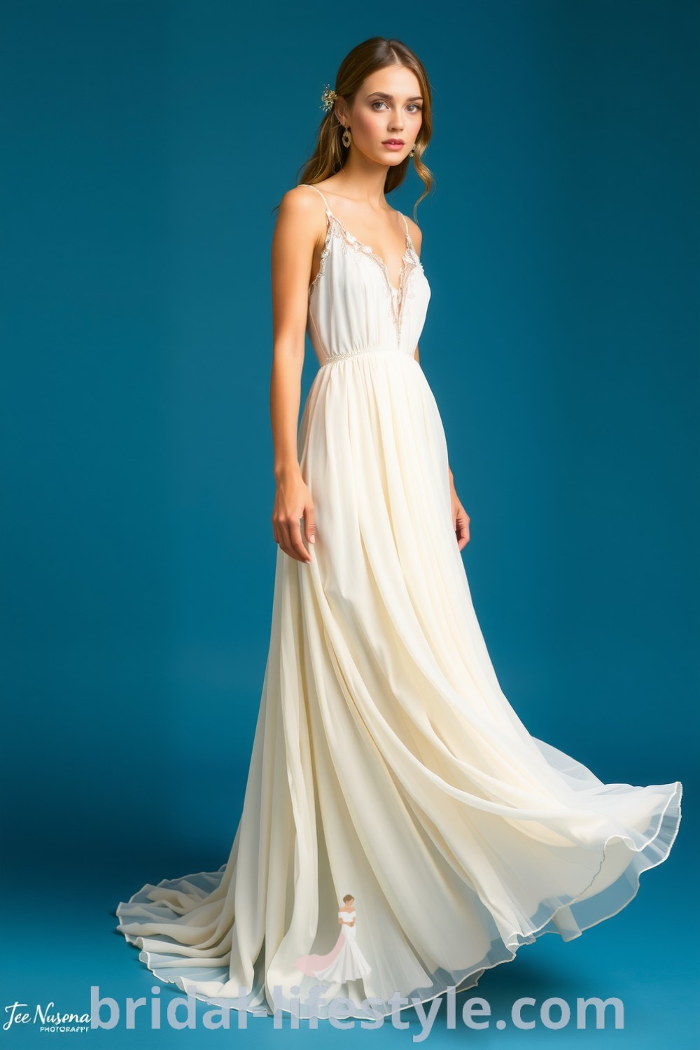 Boho wedding dress with flowing chiffon layers, delicate lace trimming, and an elegant silhouette, perfect for outdoor celebrations, embodies romantic elegance. bridal-lifestyle.com