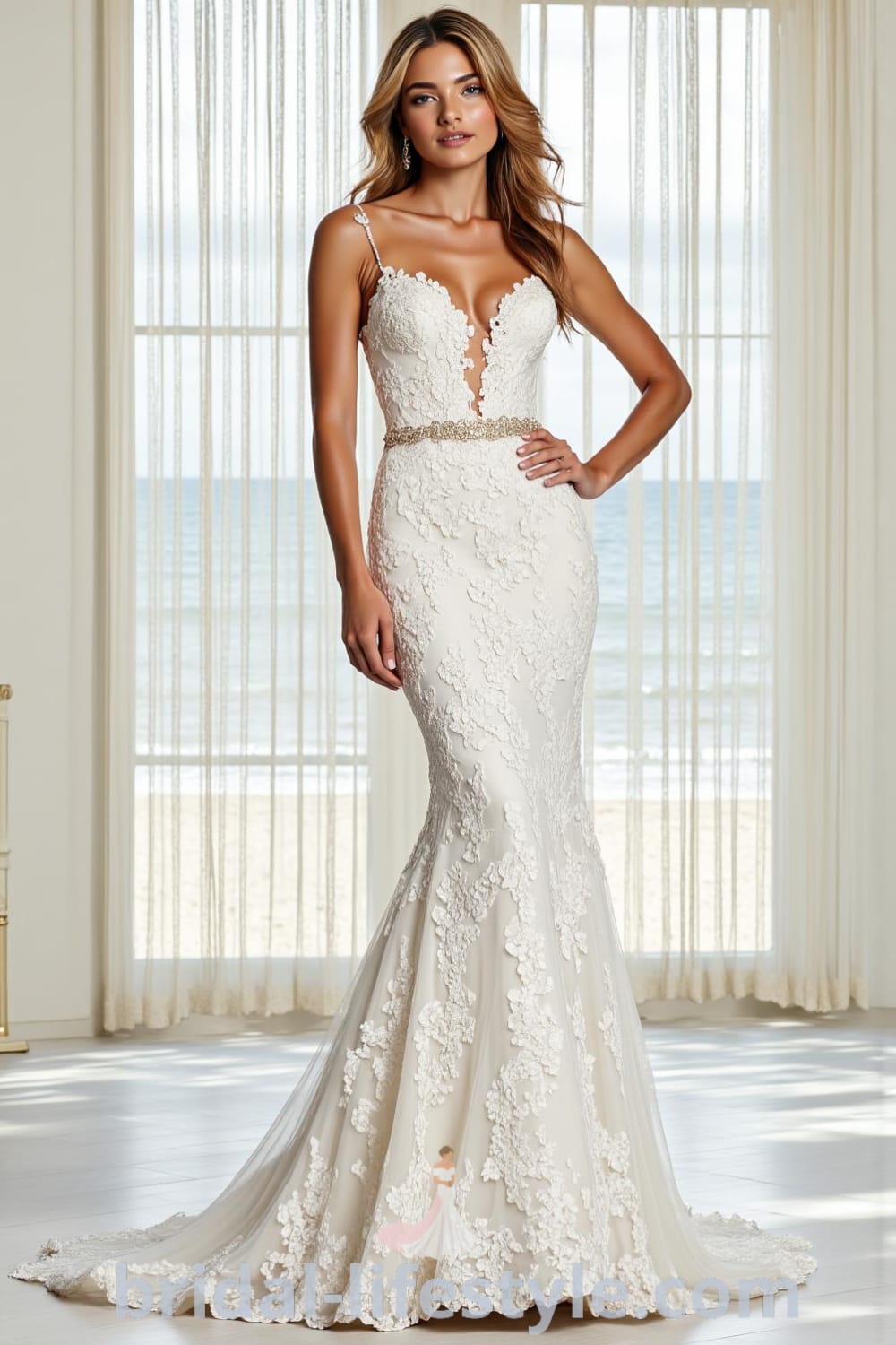 Beautiful mermaid wedding dress adorned with intricate lace detailing, featuring a sweetheart neckline and a flowing skirt with a subtle train. bridal-lifestyle.com