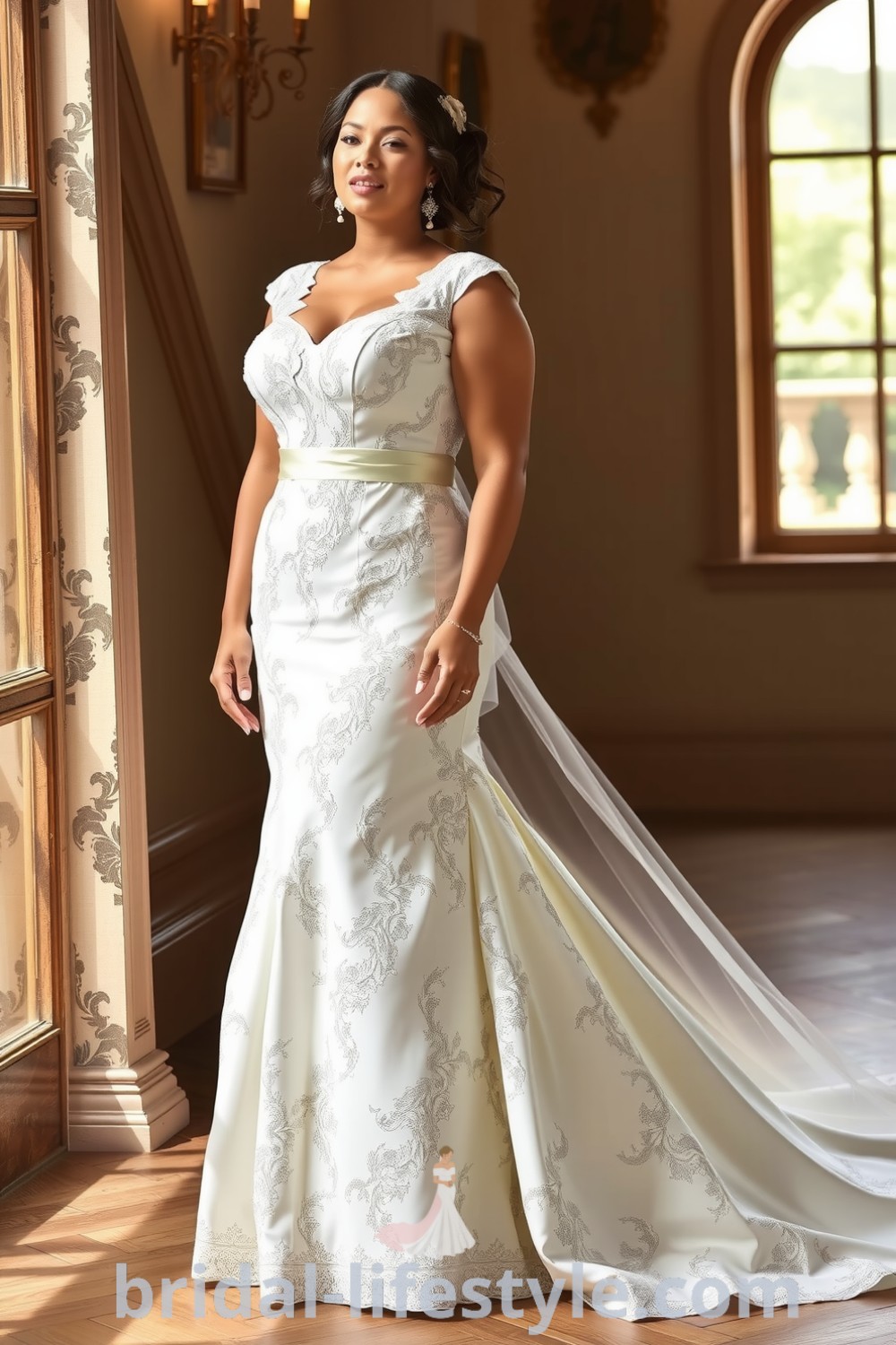 Plus-size fit and flare wedding dress with lace detailing, satin underlayer, sweetheart neckline, and cap sleeves. bridal-lifestyle.com