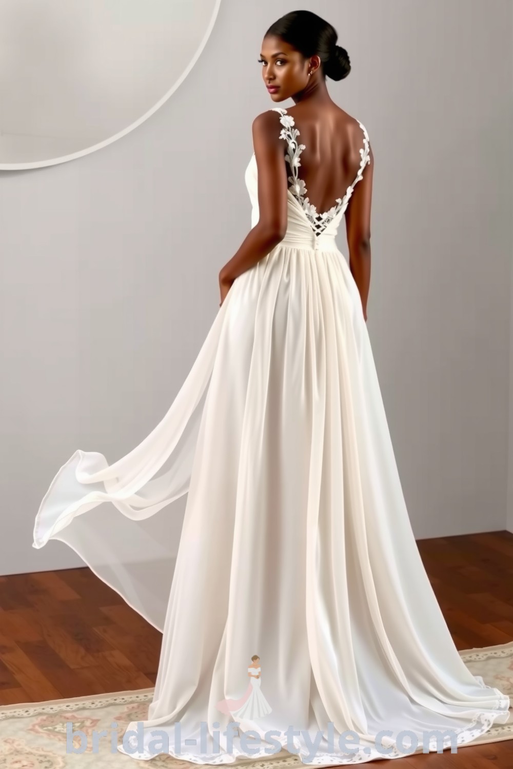 Elegant long chiffon A-line bridesmaid dresses with V-necklines, ruching, and intricate beadwork for diverse bridal styles, embodying romantic and timeless charm. bridal-lifestyle.com