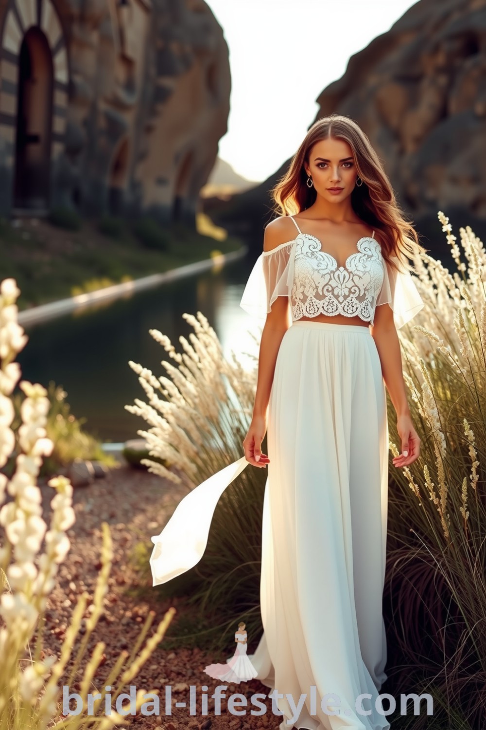 A charming two-piece boho wedding dress with a delicate lace top featuring floral patterns and a flowing high-waisted chiffon skirt, perfect for romantic sunlit ceremonies. bridal-lifestyle.com