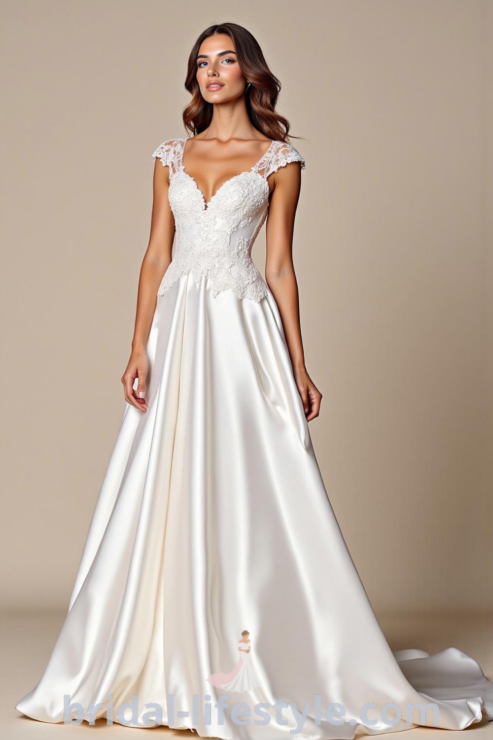A-line wedding dress made of satin with cap sleeves, lace appliqué bodice, and a flowing skirt, featuring a sweetheart neckline. bridal-lifestyle.com