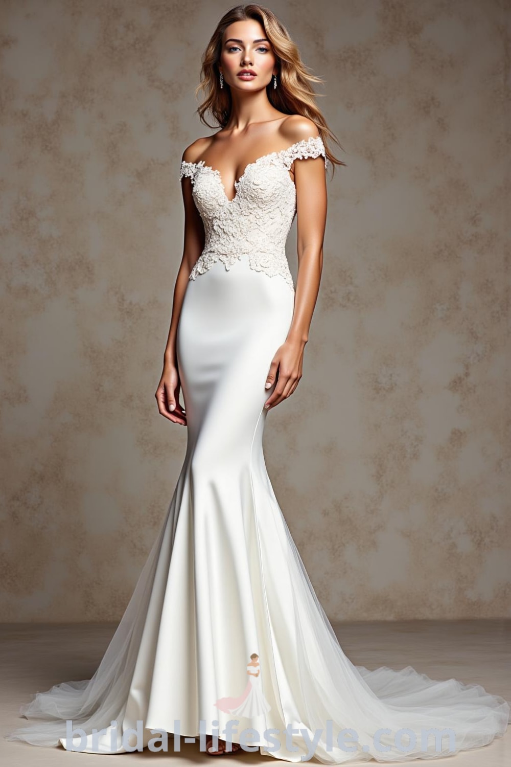 Mermaid wedding dress with satin base, off-the-shoulder neckline adorned with lace appliqués, and detachable tulle train, showcasing shimmering layers. bridal-lifestyle.com