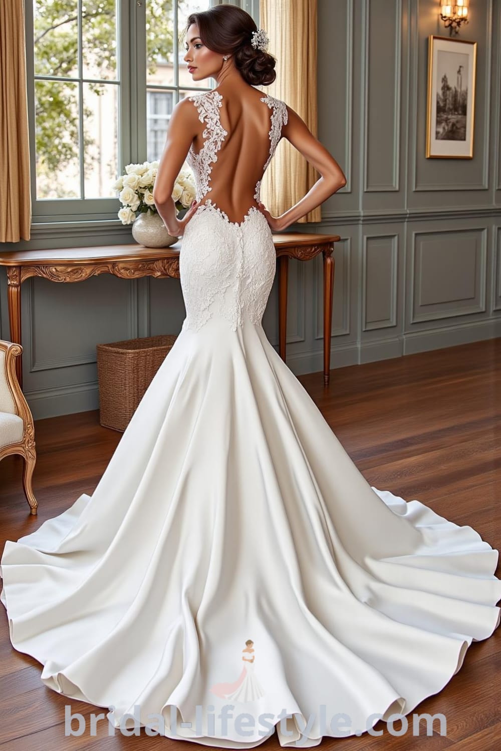 Mermaid wedding dress made of satin with an open back, dramatic train, and intricate lace appliqués, showcasing elegance and romance. bridal-lifestyle.com