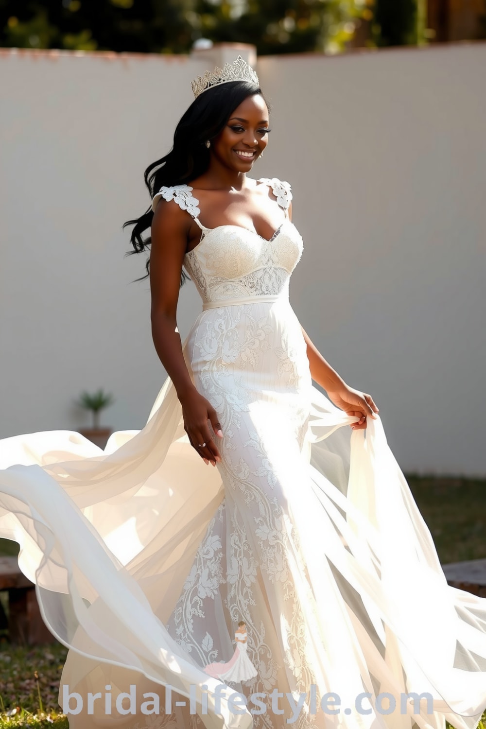 A radiant black bride in a boho lace wedding dress with floral appliqués, twirling in sunlight, showcasing its elegant silhouette and delicate textures. bridal-lifestyle.com