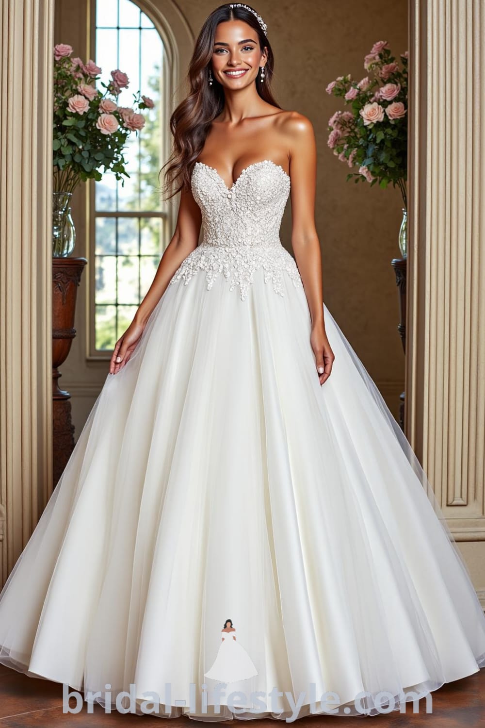 Princess Glitter wedding dress featuring a full tulle skirt, sequined lace embellishments, sweetheart neckline, and layers of shimmering fabric, exuding timeless elegance. bridal-lifestyle.com