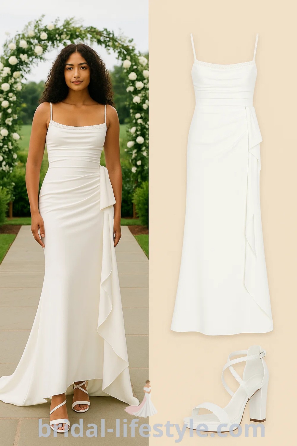 White fitted evening gown with a flowing skirt and ruffle detail, complemented by strappy block heel sandals, ideal for mermaid weddings, elegant occasions, and formal events. Discover more at pinshoesoutfits.com.