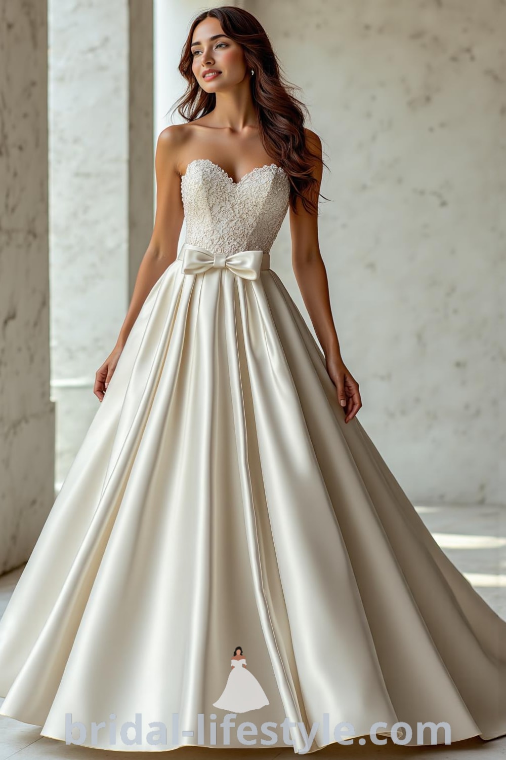 Princess Classy wedding dress with lace overlays, full satin skirt, sweetheart neckline, and delicate bow at the waist. bridal-lifestyle.com