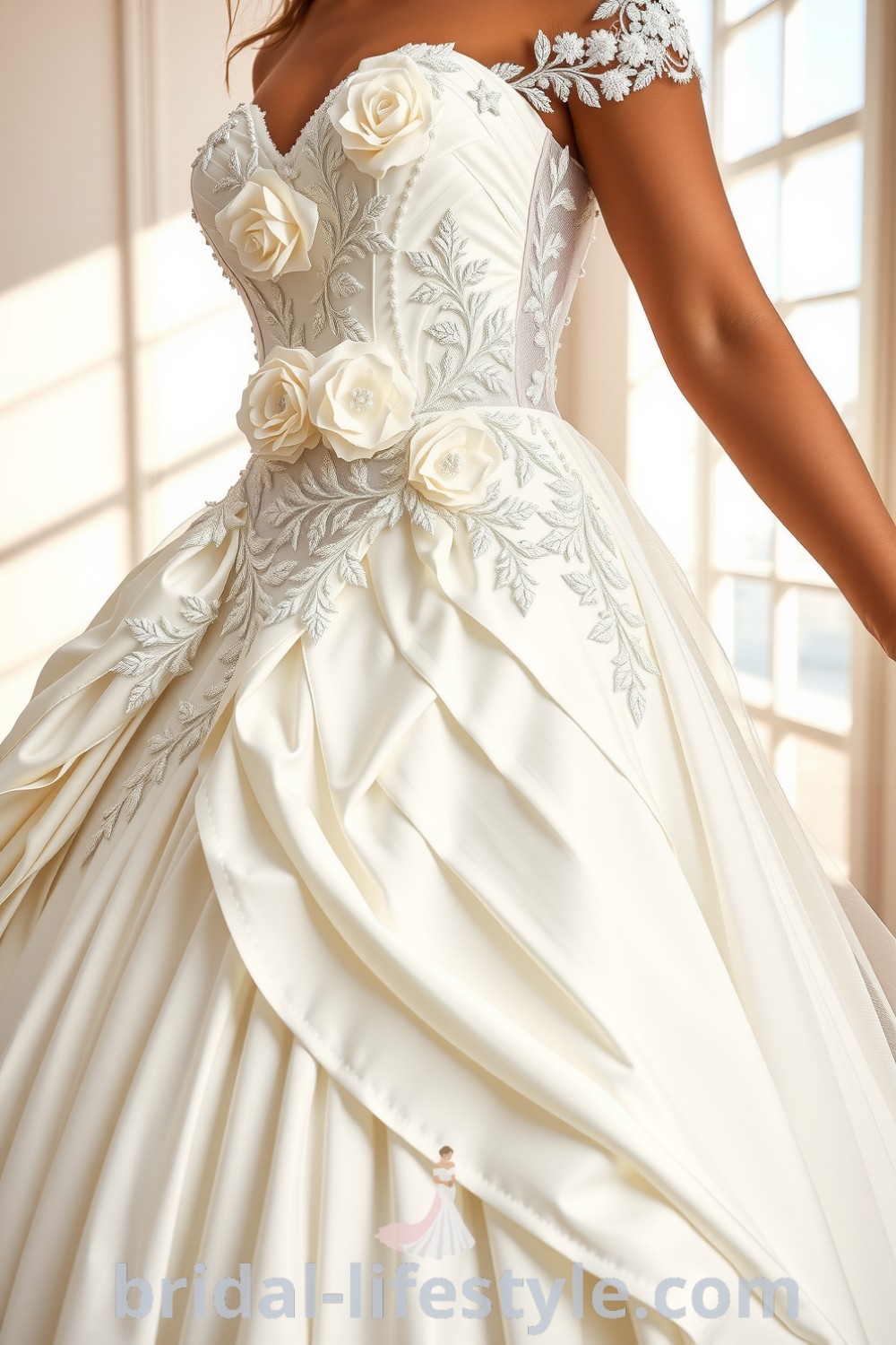 A stunning princess-style wedding dress with luxurious satin, delicate lace, floral appliqués, a fitted bodice, and a voluminous skirt, perfect for dreamy brides. bridal-lifestyle.com
