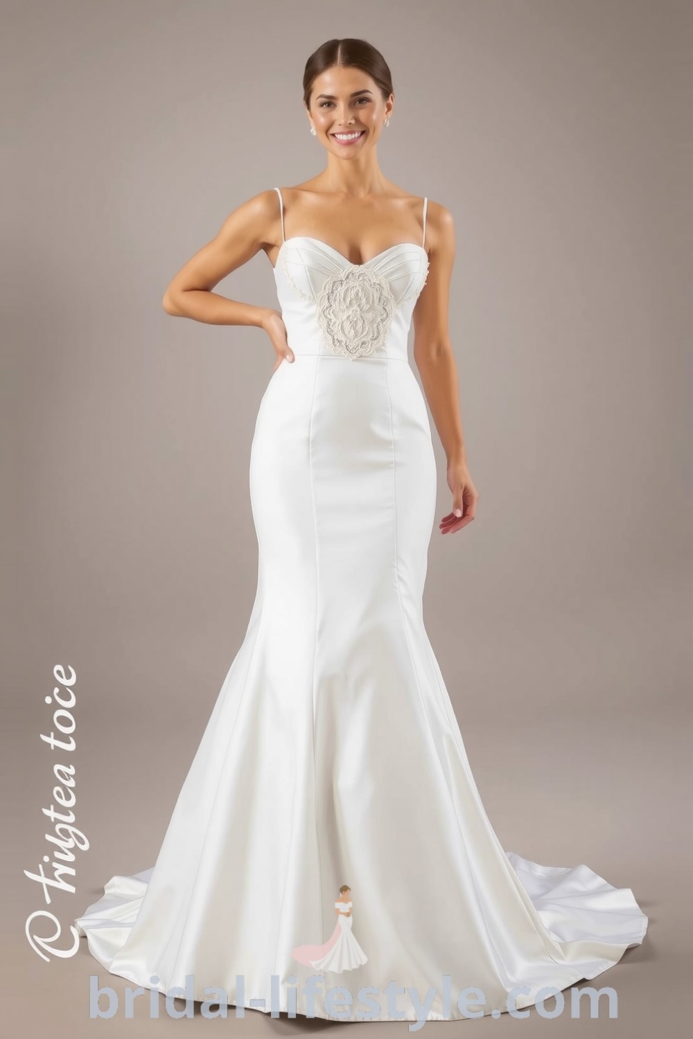 Elegant fit and flare wedding dress with a square neckline and luxurious satin fabric adorned with delicate lace appliqués, suitable for every bride