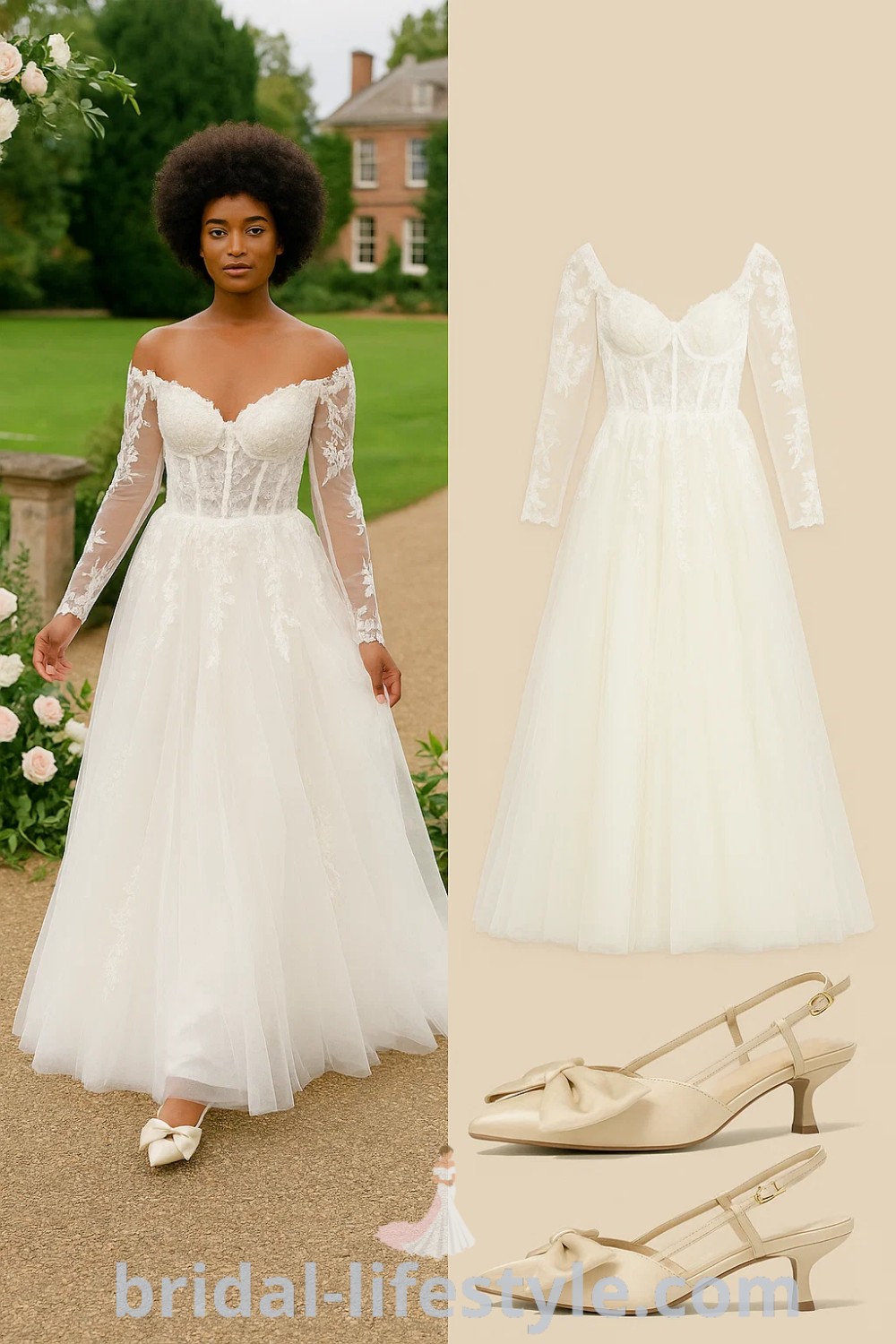 A stunning ivory A-Line Lace wedding dress with an off-the-shoulder long sleeve design and a flowy silhouette, complemented by beige slingback heels with bow detail, perfect for bridal occasions. Shop more at pinshoesoutfits.com.