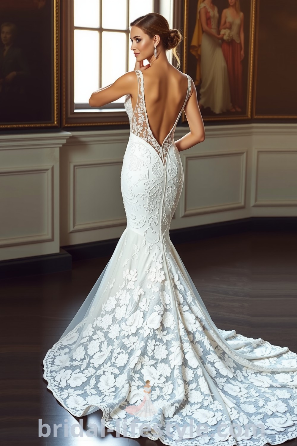 Elegant mermaid wedding dress with open back, luxurious lace, intricate floral appliqués, and flowing train, perfect for the special day. bridal-lifestyle.com
