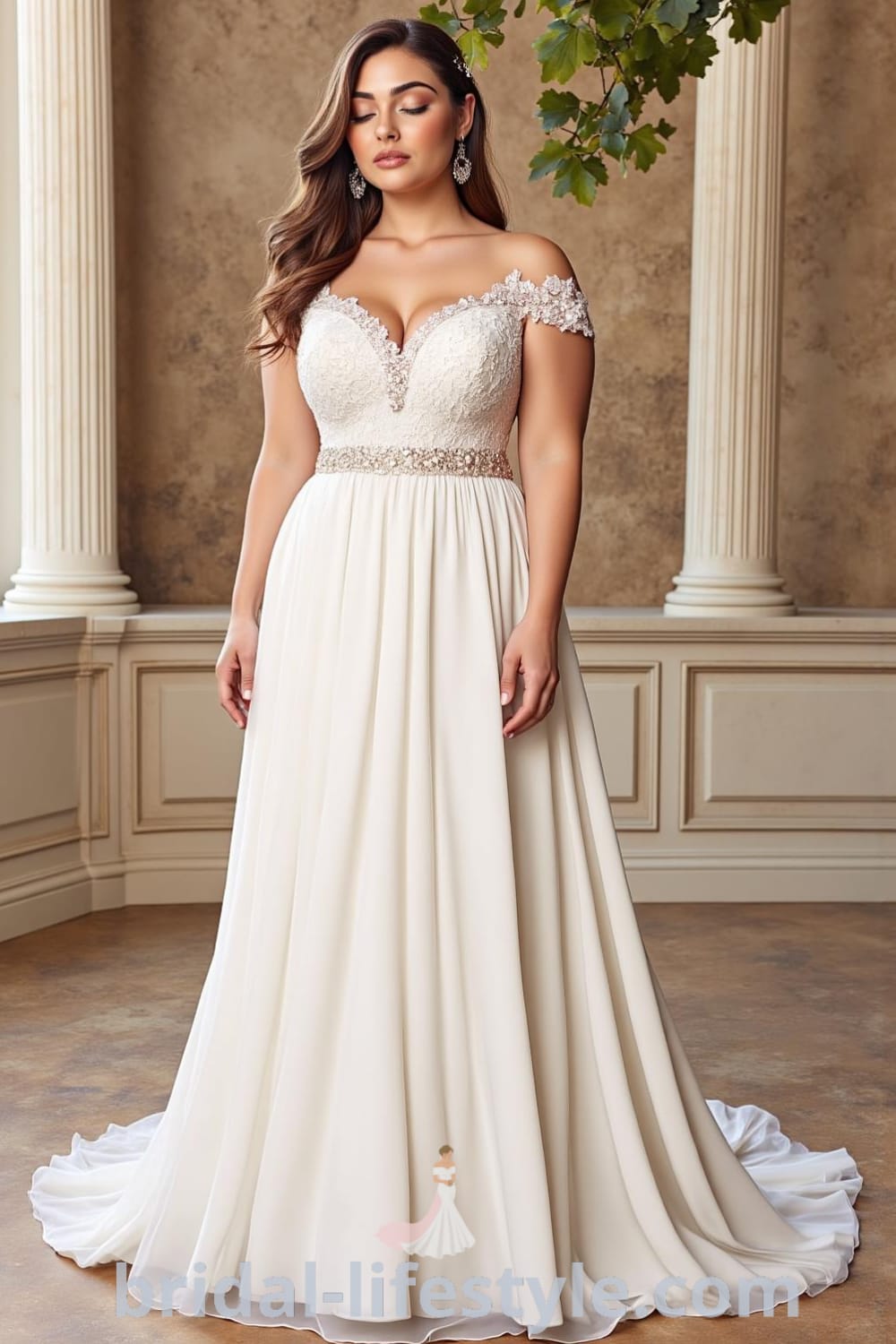 A stunning A-line wedding gown in luxurious satin with a sweetheart neckline, intricate lace appliqués, flowing skirt, and subtle train for plus-size figures. bridal-lifestyle.com
