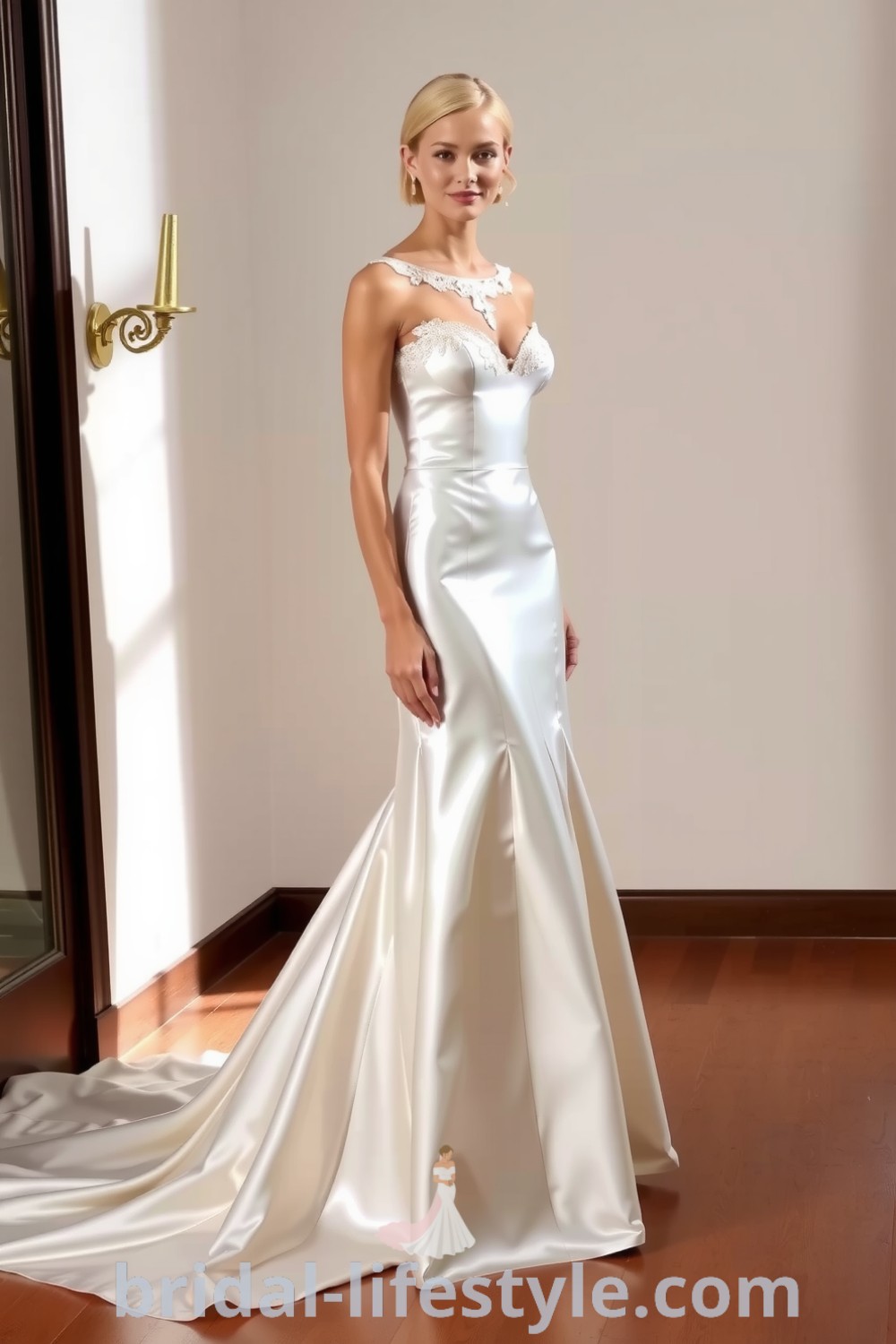 Elegant fit and flare satin wedding dress with intricate lace details, flattering silhouette, and a flowing train, perfect for dreamy brides. bridal-lifestyle.com