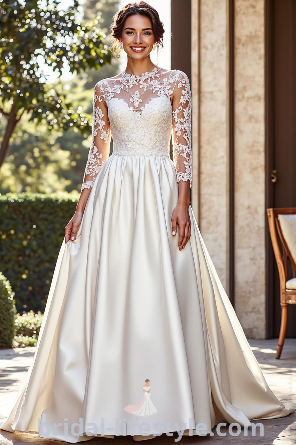 A-line wedding dress with long lace sleeves, satin skirt, high neckline, and intricate lace overlay on the bodice. bridal-lifestyle.com