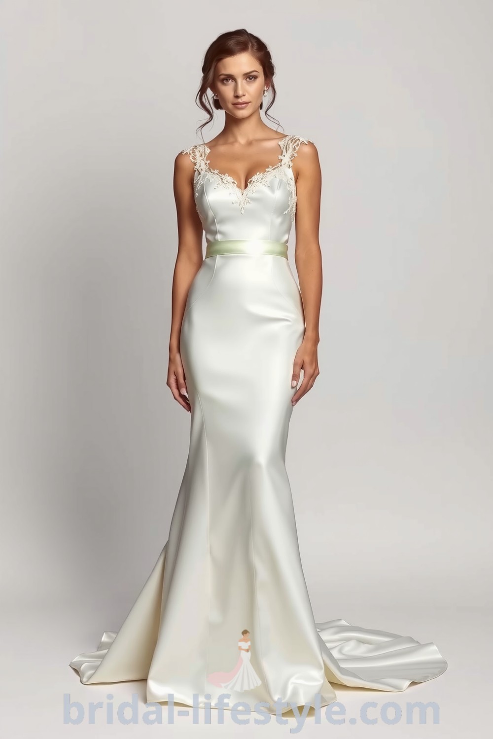 Elegant fit and flare satin wedding dress with sweetheart neckline and lace appliqués, creating a romantic silhouette. bridal-lifestyle.com