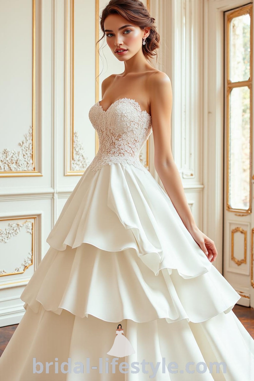 Elegant Princess wedding dress with luxurious satin layers, lace detailing on the sweetheart neckline, and delicate embroidery, featuring a voluminous skirt and flowing silhouette. bridal-lifestyle.com