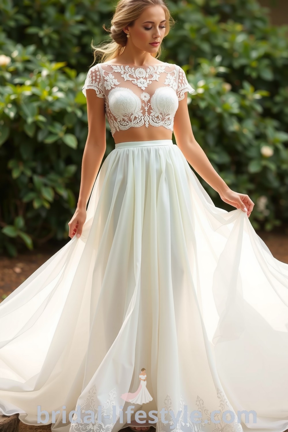 A Boho two-piece wedding dress with a lace crop top, flowing chiffon skirt, delicate embroidery, and bead detailing, perfect for dreamy brides. bridal-lifestyle.com