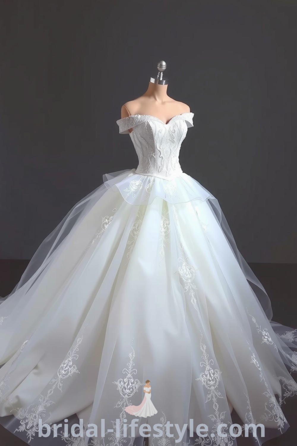 Princess-style wedding dress with fitted bodice, lace detailing, and voluminous tulle skirt, featuring an off-the-shoulder neckline and sparkling glitter. bridal-lifestyle.com