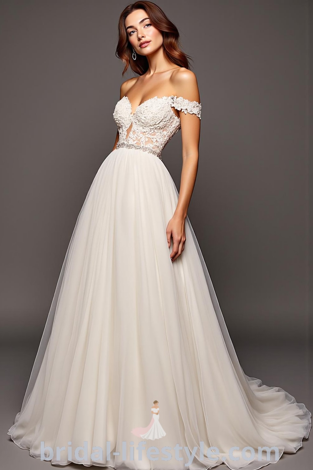 A stunning A-line wedding dress with an off-the-shoulder design, soft satin fabric, and intricate lace details at the bodice, cascading skirt, perfect for a wedding. bridal-lifestyle.com