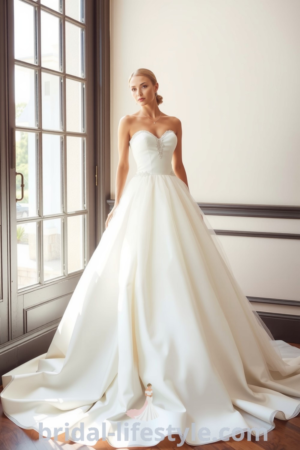 Elegant princess wedding dress with fitted satin bodice, voluminous tulle skirt, and lace appliqués at sweetheart neckline, creating a dreamy silhouette for the special day. bridal-lifestyle.com
