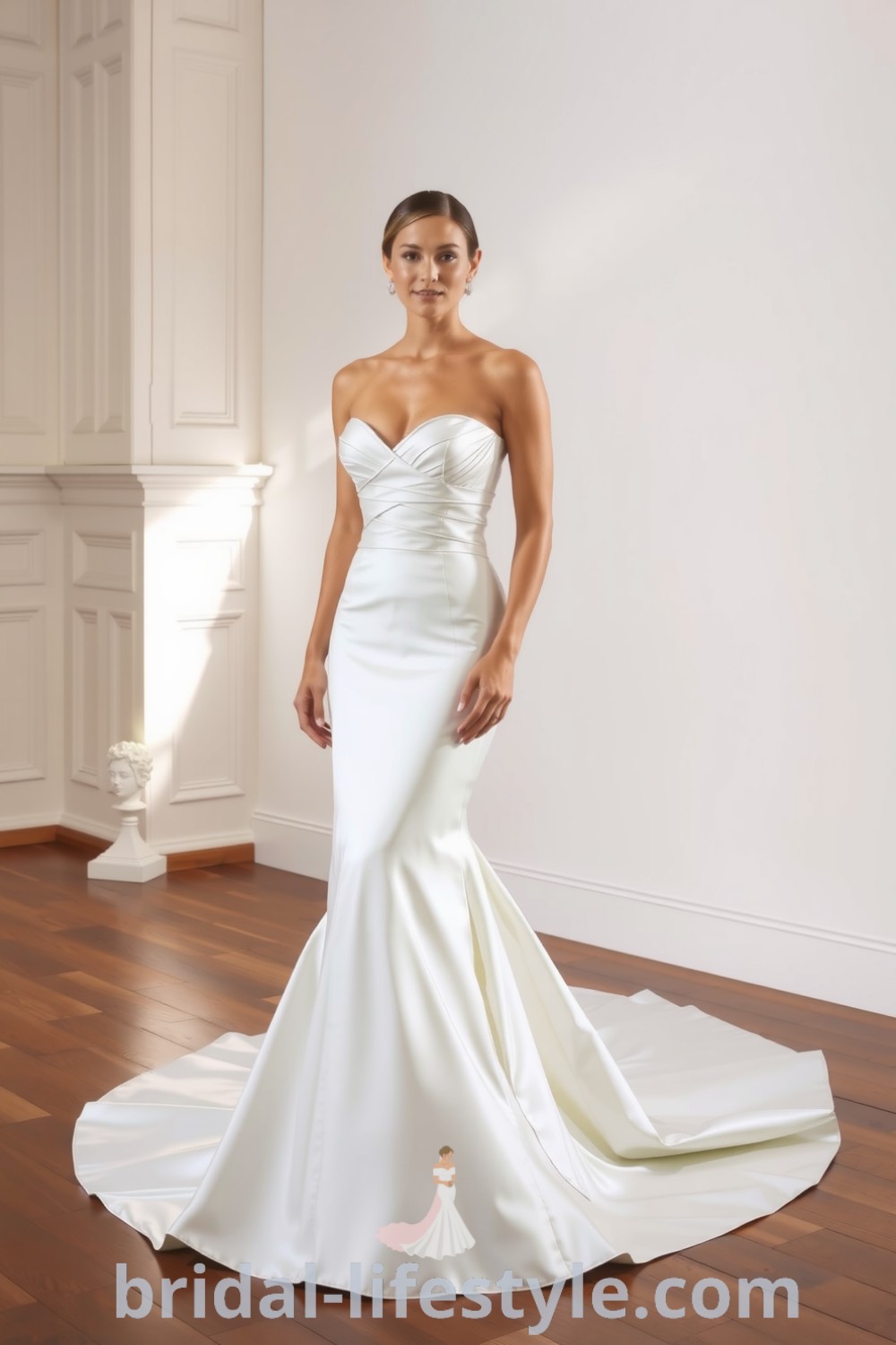 Elegant mermaid wedding dress with sweetheart neckline and seam detailing, crafted from luxurious satin, flaring at the knees for a timeless bridal look. bridal-lifestyle.com