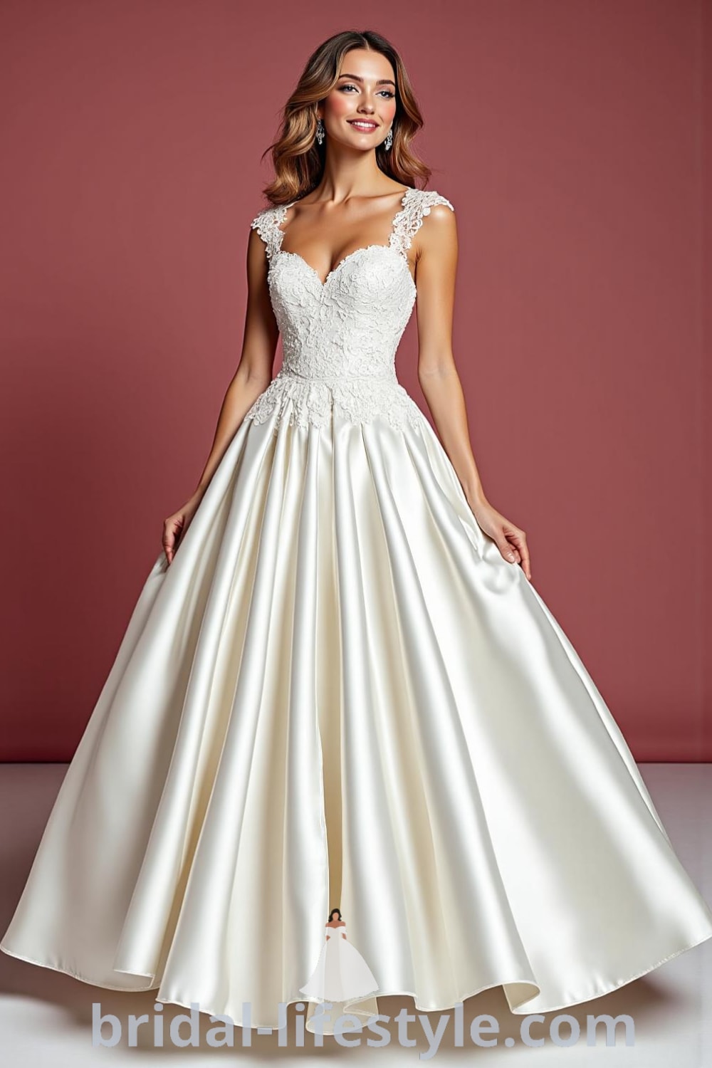 A luxurious satin princess ballgown with a voluminous skirt, fitted lace appliquéd bodice, sweetheart neckline, and delicate cap sleeves, reflecting light beautifully. bridal-lifestyle.com