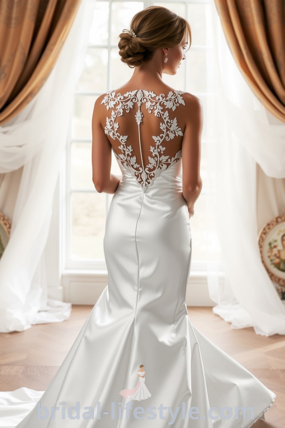 Fit and flare wedding dress with luxurious satin fabric, open back with lace appliqués, and a flowing hem, showcasing an elegant silhouette. bridal-lifestyle.com