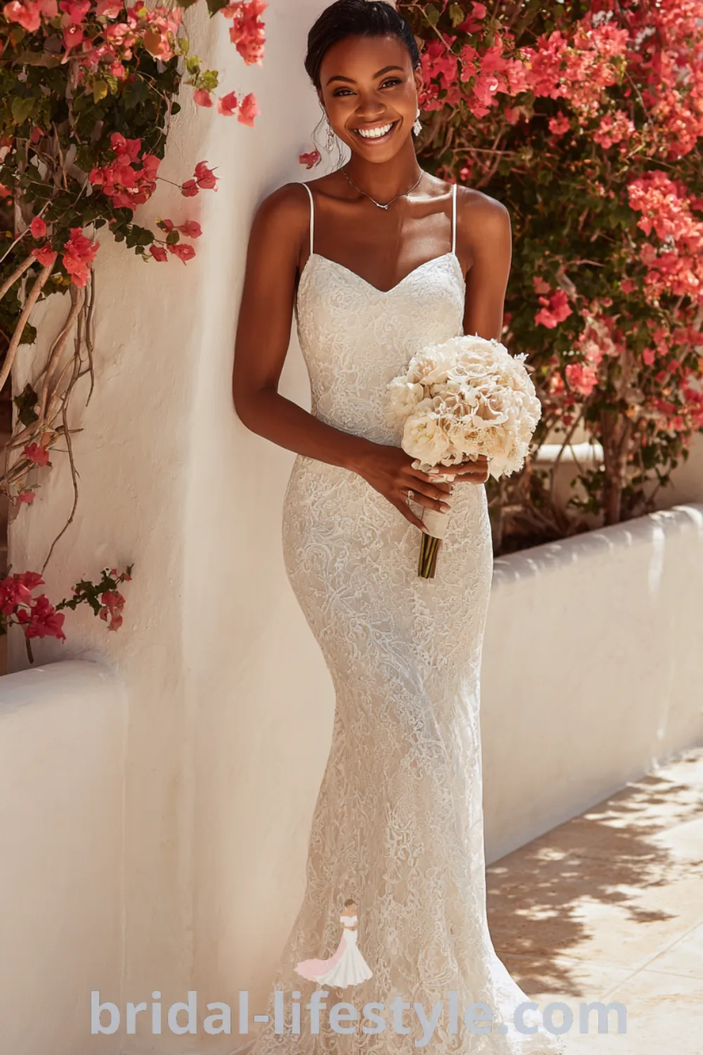 Elegant mermaid lace wedding dress with sweetheart neckline, fitted silhouette, scalloped hem, romantic lace gown.