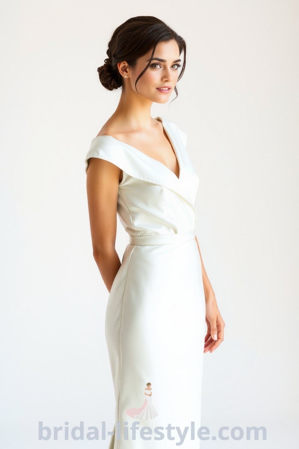 Chic minimalist short wedding dress in creamy satin with tailored silhouette above knee, featuring delicate cap sleeves and smooth fabric. bridal-lifestyle.com