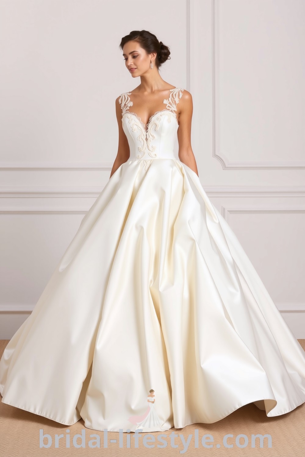 Stunning satin princess ballgown with dramatic flair from the waist, delicate lace appliqués, and soft ivory fabric, perfect for dreamy brides. bridal-lifestyle.com