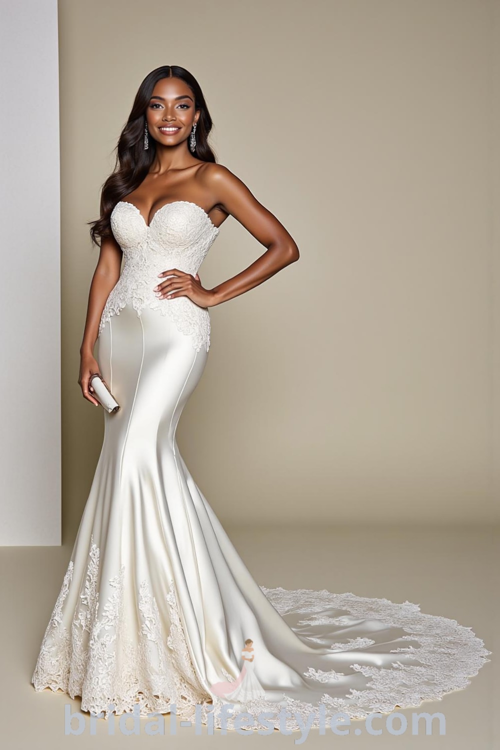 Mermaid wedding dress in luxurious satin featuring sweetheart neckline with lace appliqués, hugging the figure, and a dramatic train flowing behind. bridal-lifestyle.com
