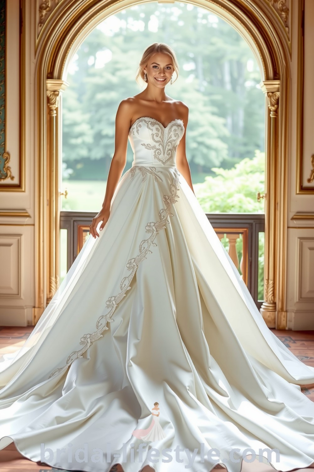 A radiant bride in a luxurious satin ballgown with a voluminous tulle skirt, lace appliqués on the bodice, sweetheart neckline, and an ethereal train, perfect for dreamy brides. bridal-lifestyle.com