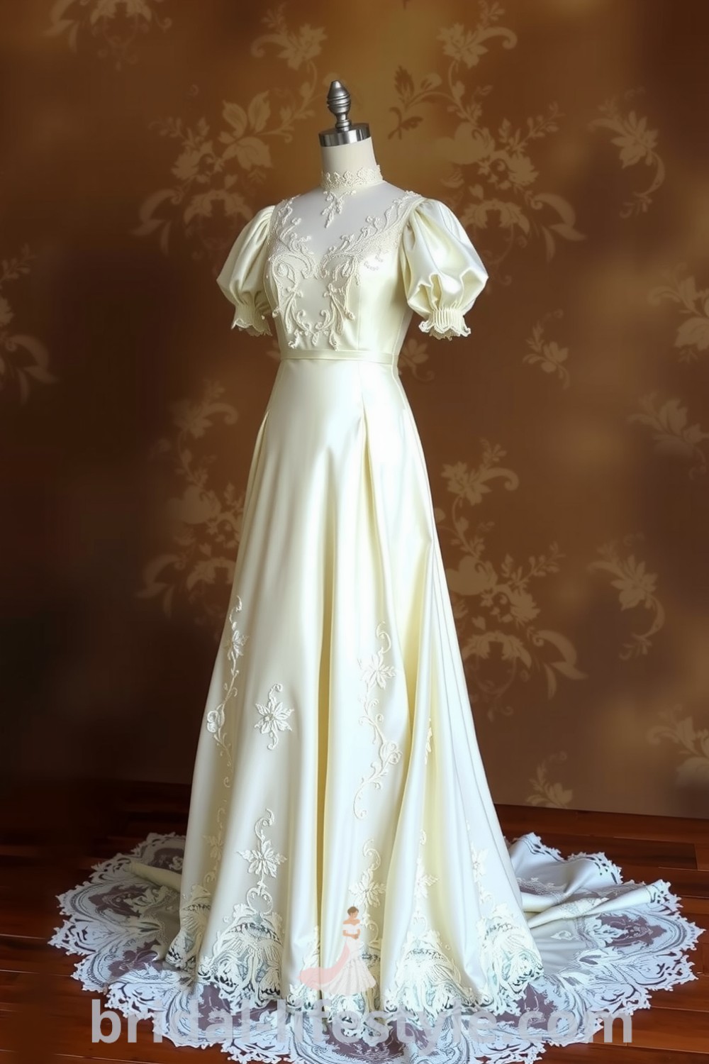 A stunning vintage Victorian wedding dress featuring luxurious satin, intricate lace, a fitted bodice with floral motifs, an A-line skirt, puffed sleeves, and a high collar, perfect for dreamy brides seeking the best aesthetic ideas for their special day. bridal-lifestyle.com