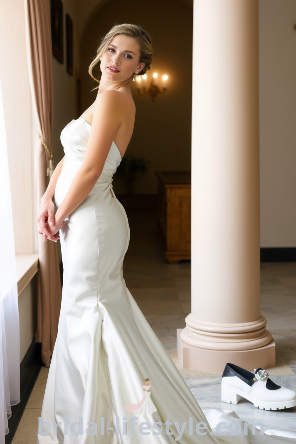 Elegant satin mermaid wedding gown with a soft glow, minimalistic detailing, and subtle train for a timeless bridal look. bridal-lifestyle.com